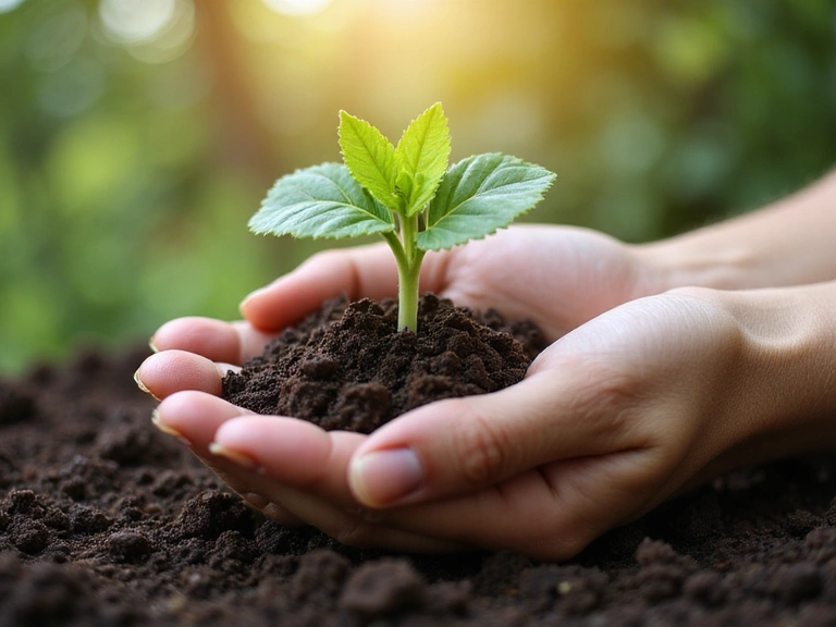 A hand gently holding a sprouting plant, symbolizing growth and natural beginnings