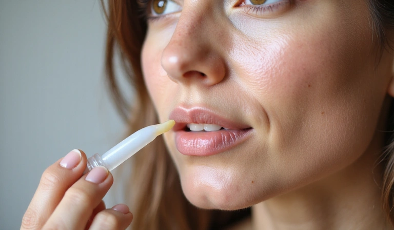 Image of a woman applying serum to her face