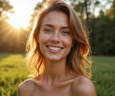 A radiant, healthy woman with clear skin in a natural setting