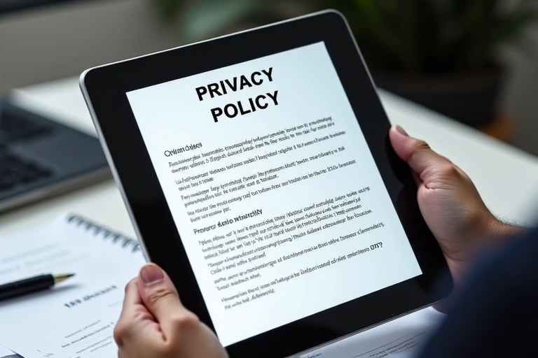 A person reviewing privacy policy documents on a tablet, symbolizing data protection and legal compliance.
