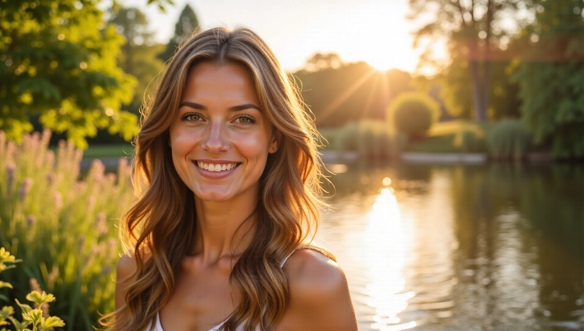 A radiant, healthy woman with clear skin in a natural setting, embodying beauty and rejuvenation.